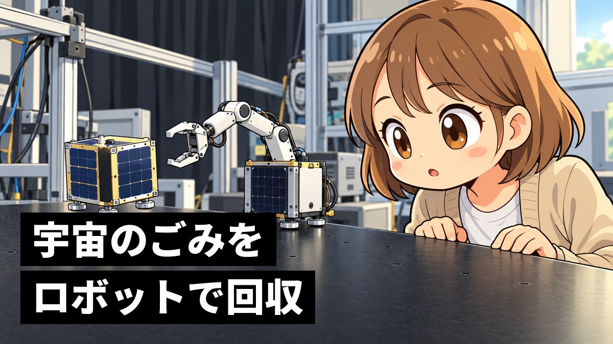 研究室の実験台で、ロボットの腕がくるくる回る人工衛星の模型をつかもうとするのを、身を乗り出して夢中で見る茶髪の女子大学生。「宇宙のごみをロボットで回収」の文字。