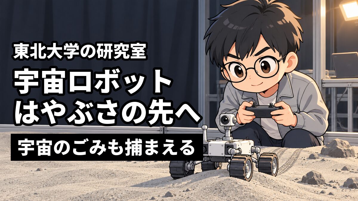 研究室の砂場で、小さな四輪の探査ローバーを見守るメガネで短い黒髪の男子大学生。「東北大学の研究室」「宇宙ロボット はやぶさの先へ」「宇宙のごみも捕まえる」の文字。