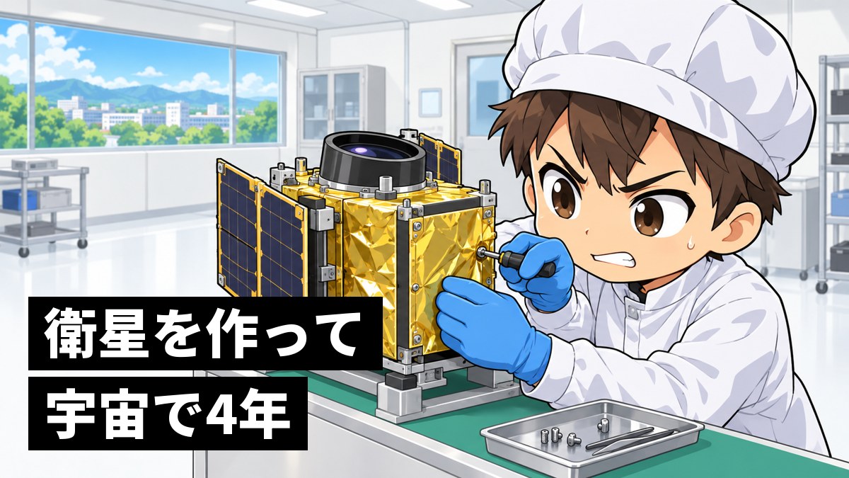 白い作業着の清潔な部屋で、箱形の人工衛星の最後のねじを、絶対にミスできないと歯を食いしばって締める茶髪の男子大学院生。「衛星を作って宇宙で4年」の文字。