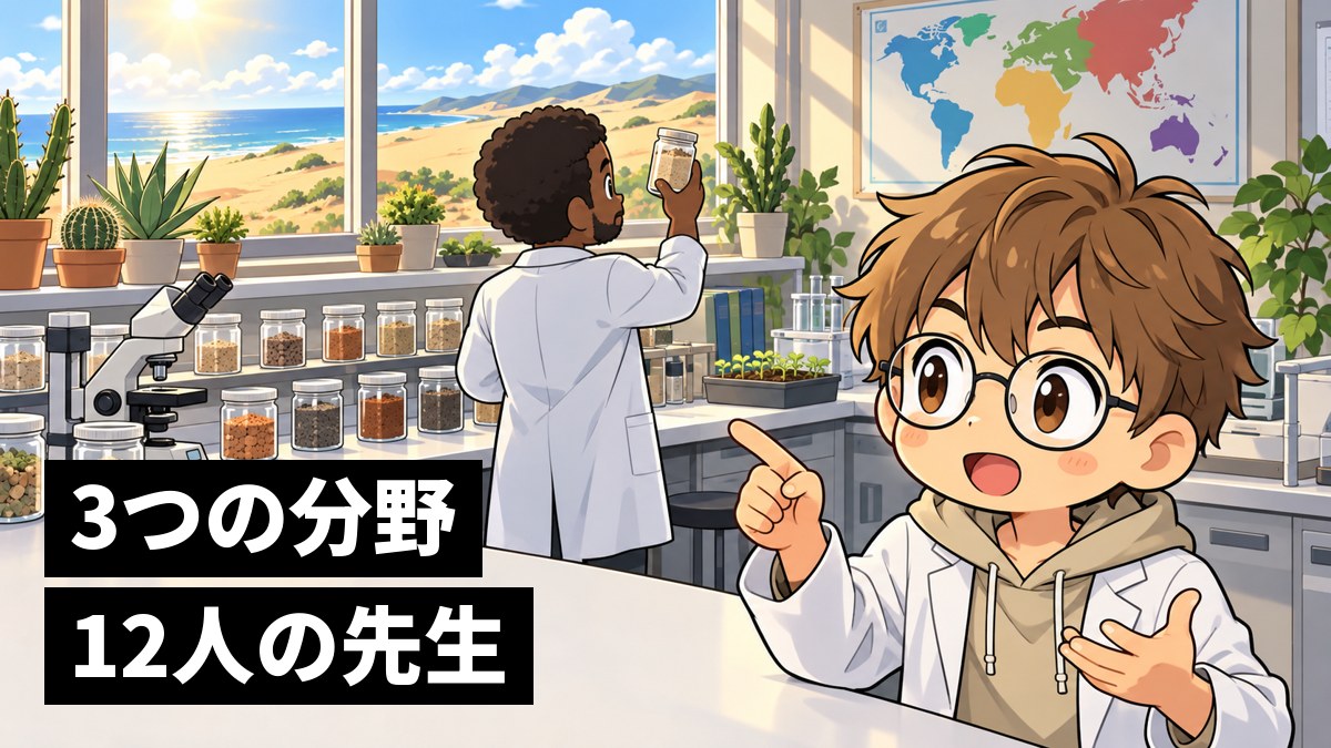 実験室の作業台で、外国から来た研究者と土の入った小びんを囲み、夢中で話しこむ眼鏡の男子大学院生。「3つの分野12人の先生」の文字。