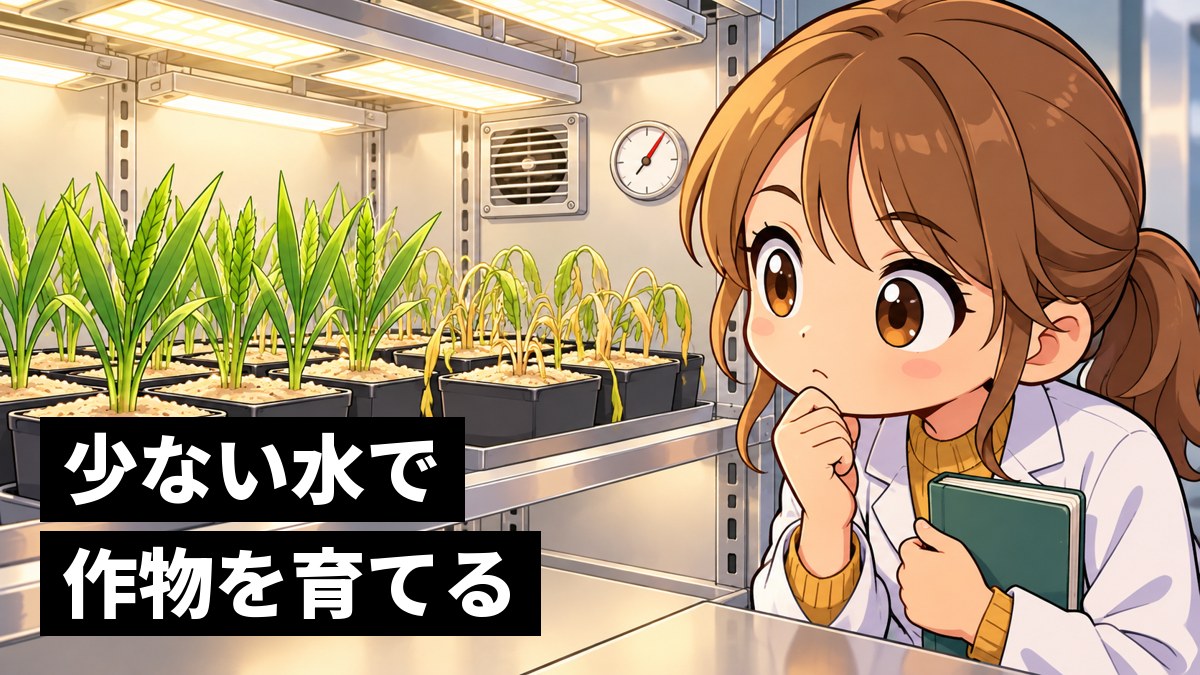 砂漠を再現した実験室で、乾いた砂の鉢に並ぶ元気な芽としおれた芽を、夢中で見比べる茶髪の女子大学生。「少ない水で作物を育てる」の文字。