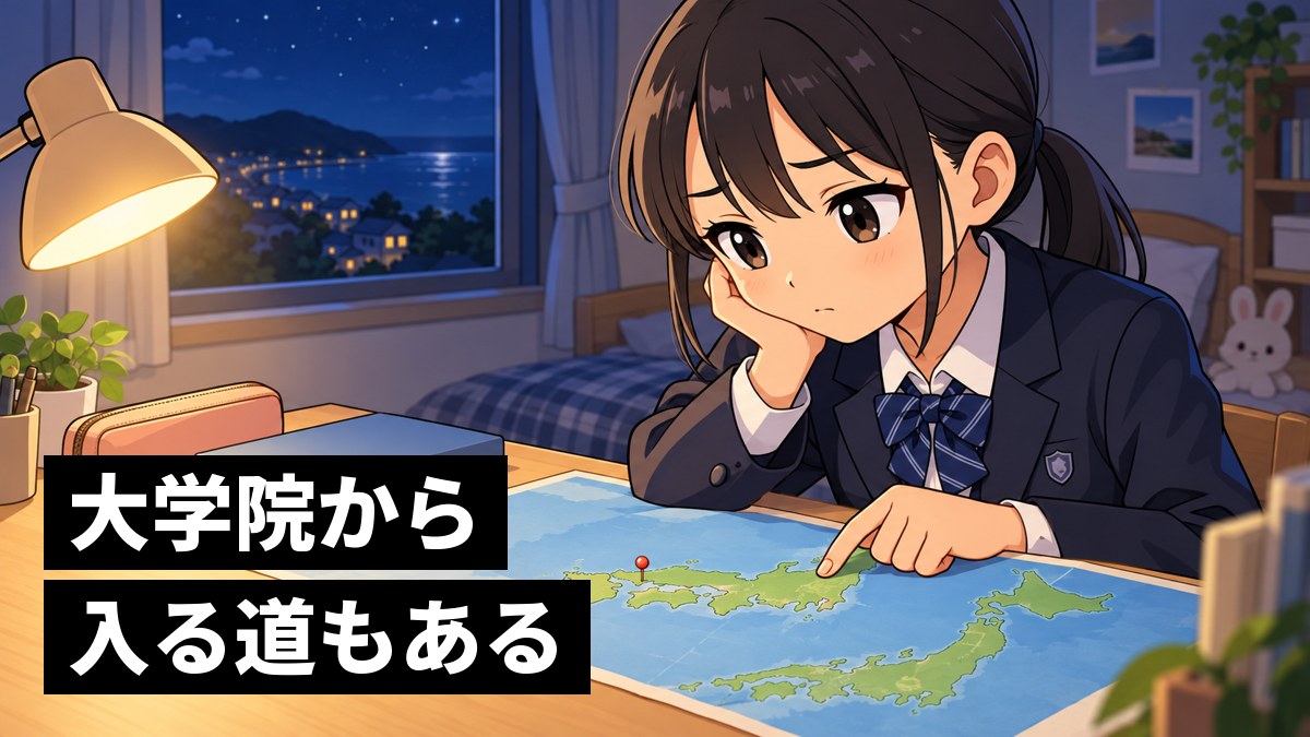夜の自分の部屋の机で、日本地図を広げて遠い鳥取を指でたどり、少し心細そうな館山中の女子。「大学院から入る道もある」の文字。