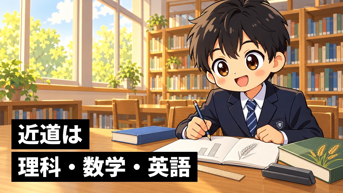 放課後の学校の図書室で、ノートに2本の棒グラフを描きながら、違いが分かってきてワクワクする館山中の男子。「近道は理科・数学・英語」の文字。