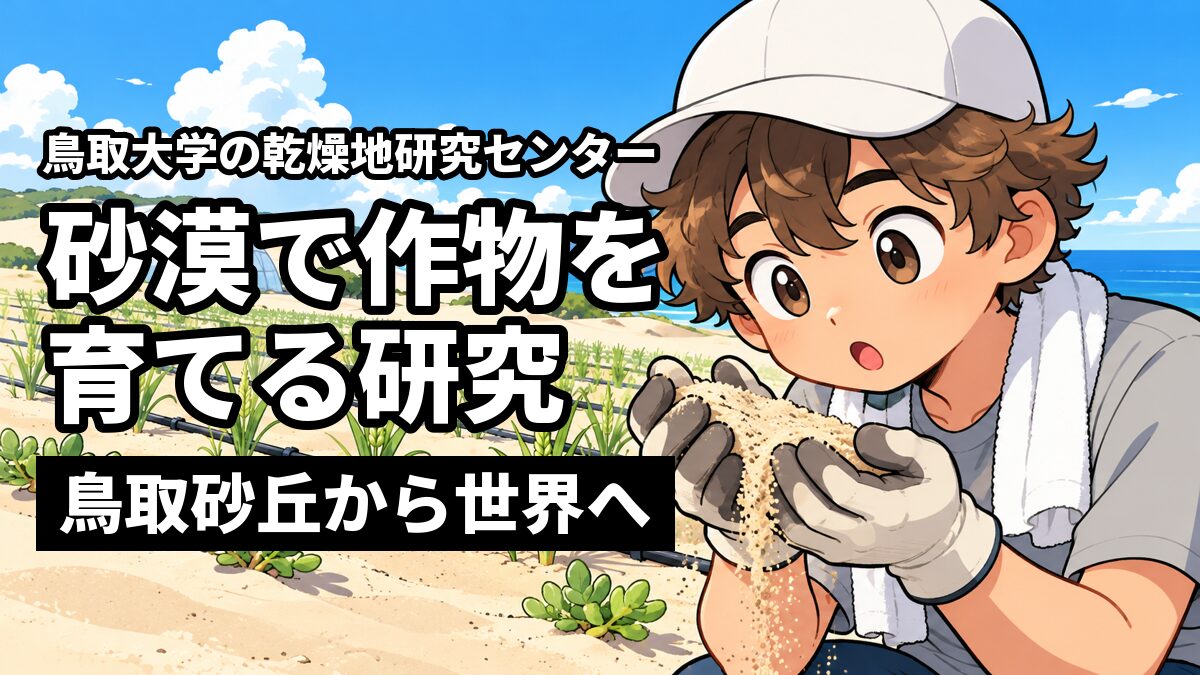 砂丘の畑で、白いキャップに首にタオルを巻いたくせ毛の男子大学生が、両手で砂をすくって見つめている。「鳥取大学の乾燥地研究センター」「砂漠で作物を育てる研究」「鳥取砂丘から世界へ」の文字。