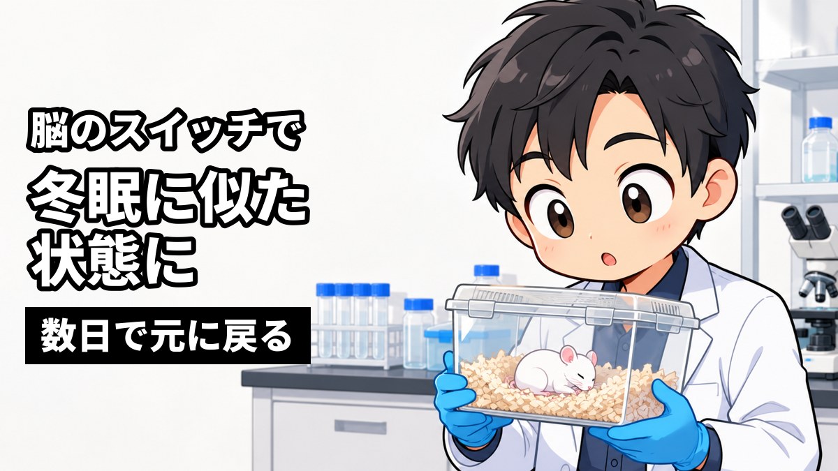 大学の研究室で、小さなケージの中で丸くなって眠る白いマウスを、目を見開いて見つめる白衣の男子大学院生。「脳のスイッチで」「冬眠に似た状態に」「数日で元に戻る」の文字。