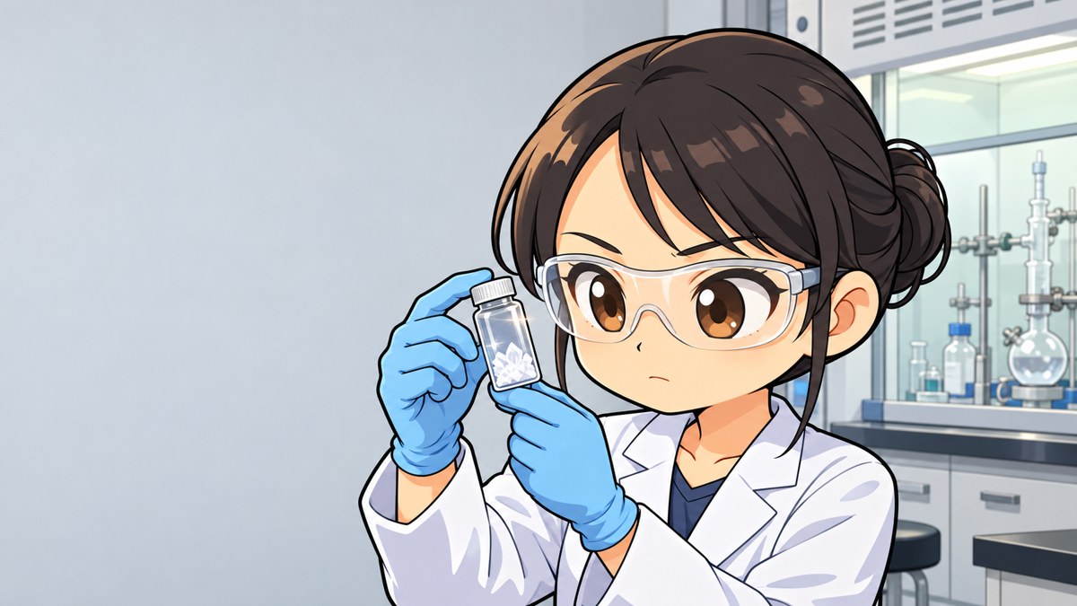 大学の化学の実験室で、白い結晶の入ったガラスの小びんを胸の高さで持ち、真剣な顔で見つめる女子大学院生。