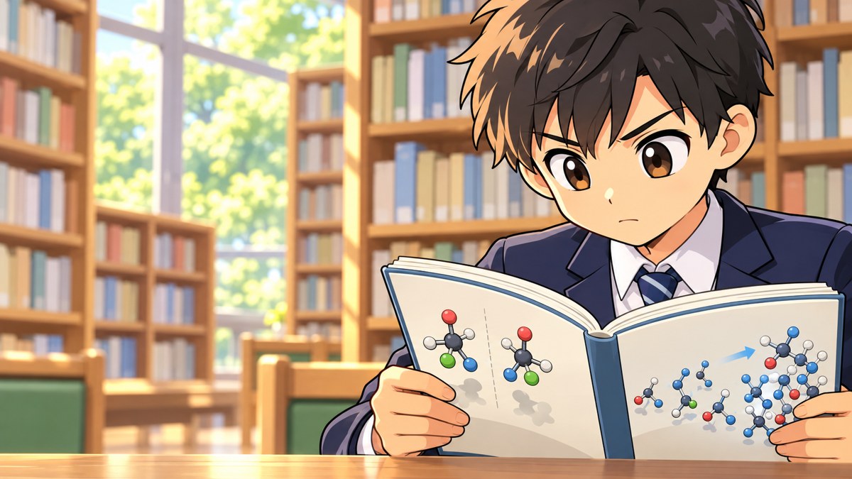 学校の図書室で、化学の本を胸の高さで開き、口を結んで読みこむ館山中の男子。