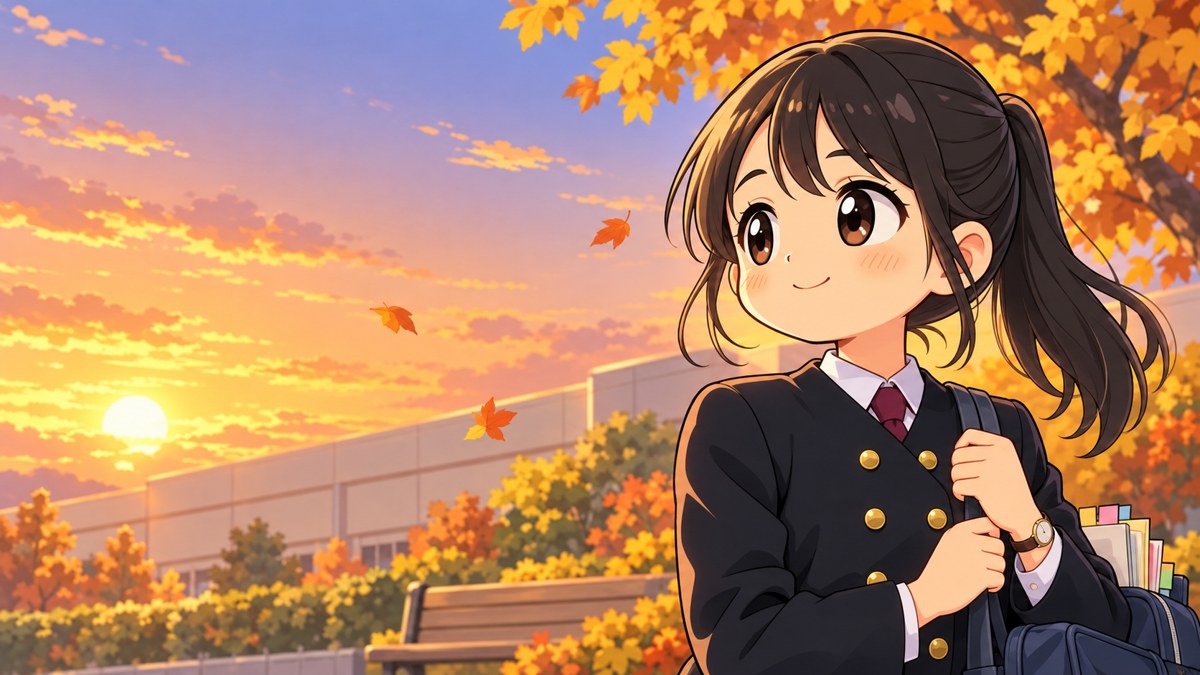 秋の夕方、学校の中庭のベンチの近くで、遠くを見て小さくほほえむ安房高の女子。
