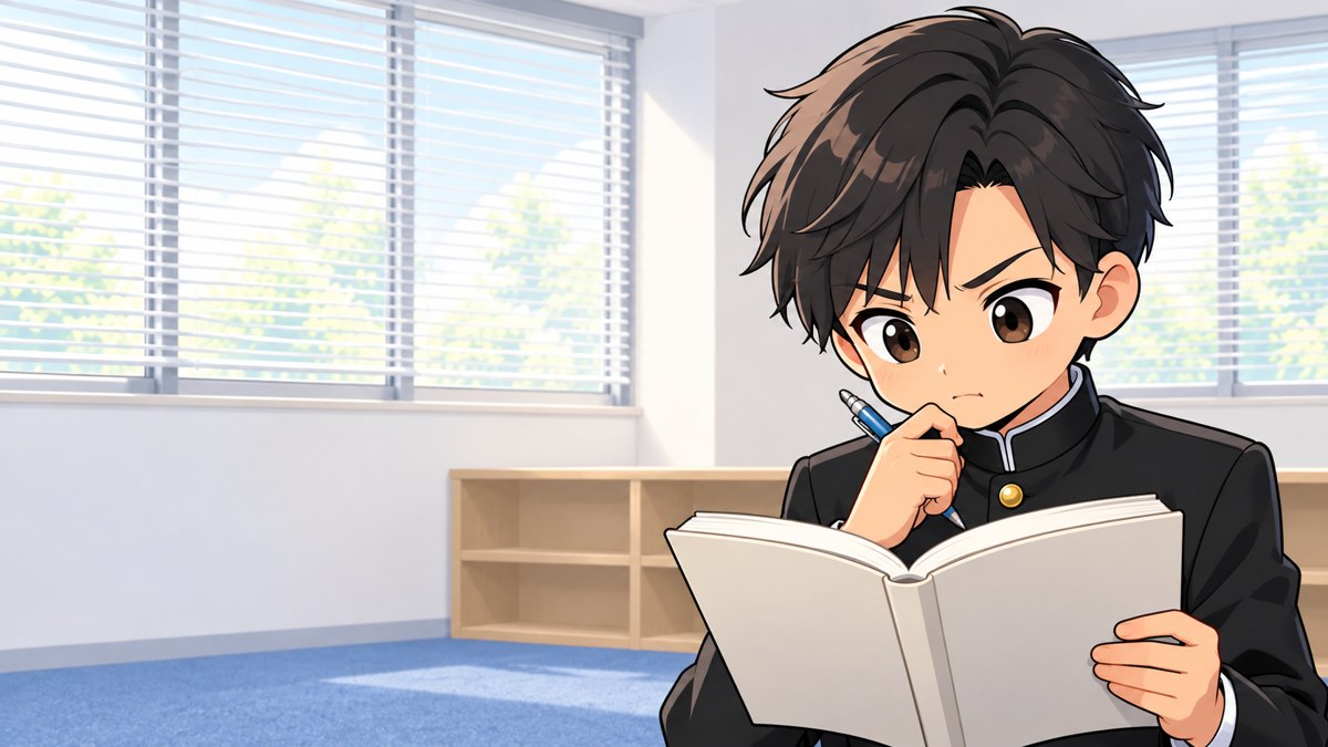 自習室の後ろの席で、化学の参考書を胸の高さで持ち、眉を寄せて考えこむ安房高の男子。