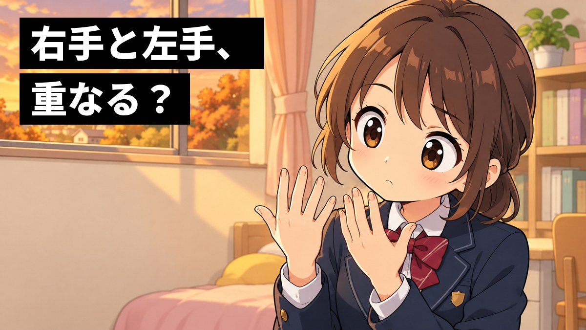 秋の夕方、自分の部屋の窓辺で、両手のひらを顔の前に並べて見比べ、首をかしげる館山中の女子。「右手と左手、重なる?」の文字。