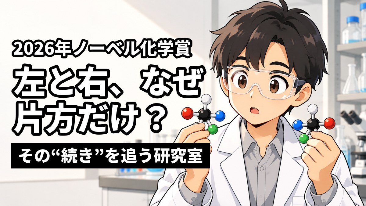 大学の化学の実験室で、左右の手に鏡に映したような形の分子模型を1つずつ持ち、目を見開いて見比べる白衣の男子大学院生。「2026年ノーベル化学賞」「左と右、なぜ片方だけ？」「その“続き”を追う研究室」の文字。