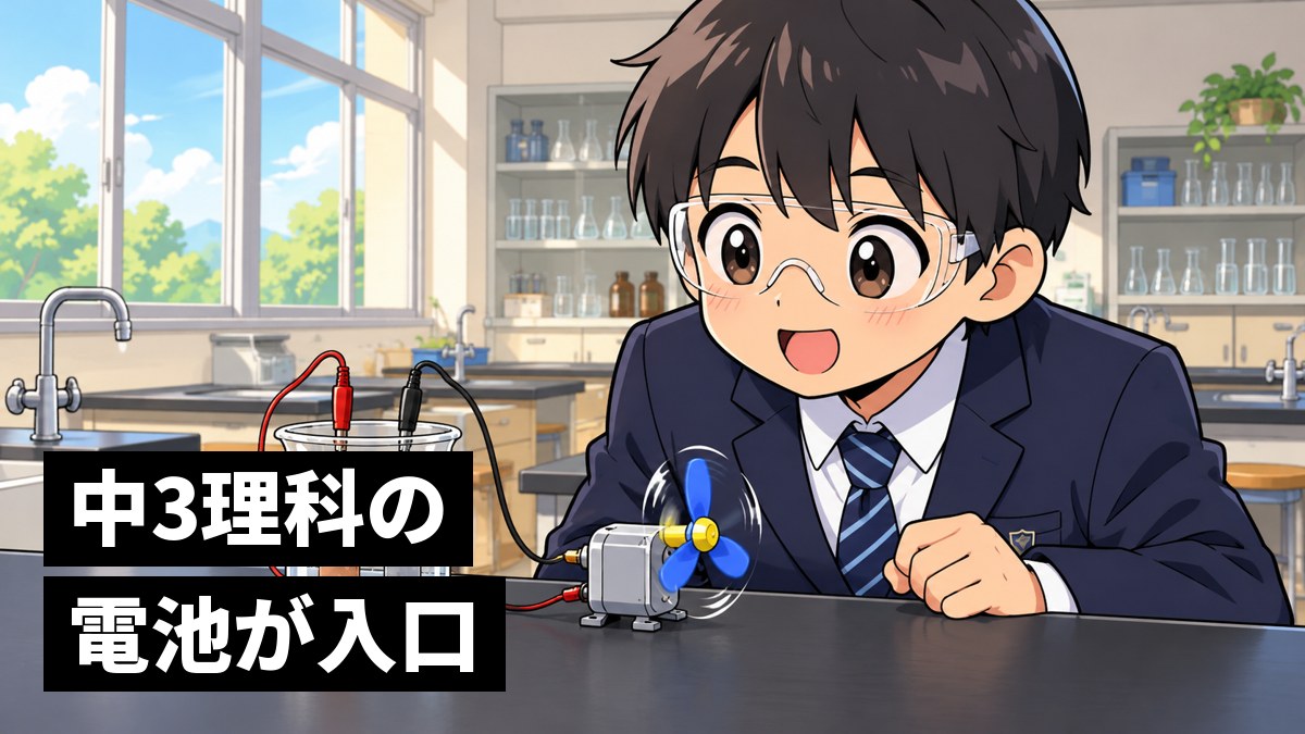 中学校の理科室で、ビーカーの水溶液に金属の板を2枚入れた電池の実験をして、つないだプロペラが回り出して目を輝かせる館山中の男子。「中3理科の電池が入口」の文字。