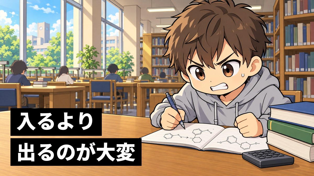大学の図書館で、山積みの教科書とノートを前に、負けないと歯を食いしばって問題に向かう茶髪の男子大学生。「入るより出るのが大変」の文字。