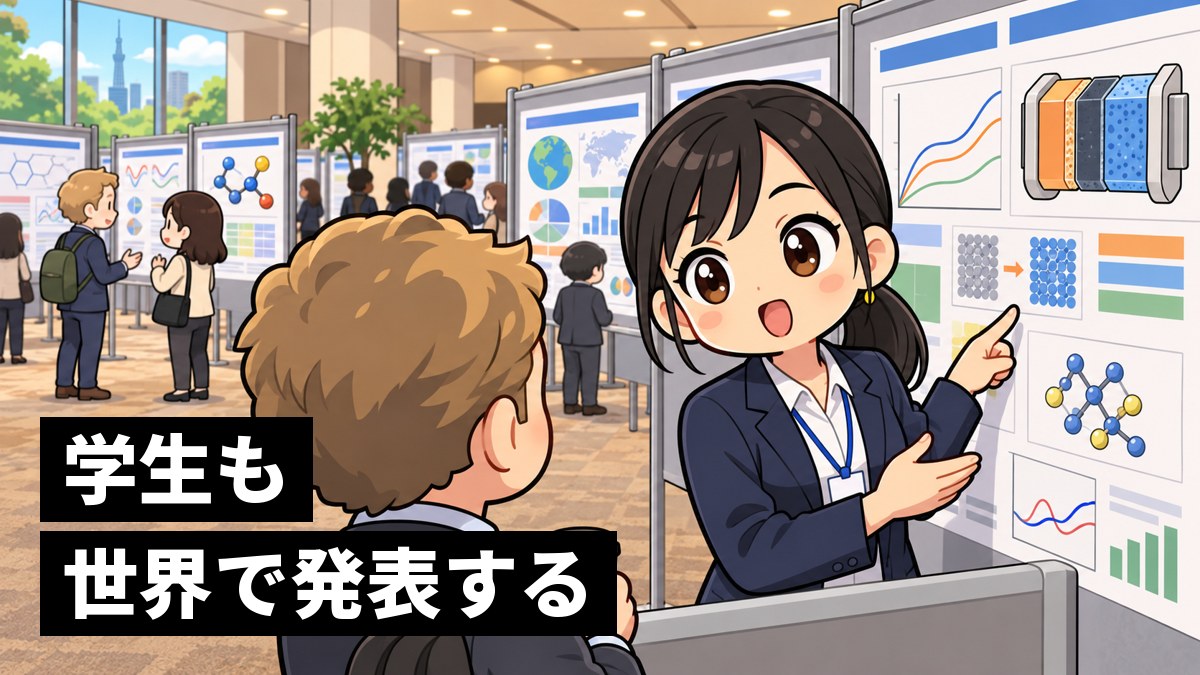 国際学会のポスター会場で、自分の研究のポスターの前に立ち、海外の研究者に身ぶりを交えて楽しそうに説明する大学院生の女性。「学生も世界で発表する」の文字。