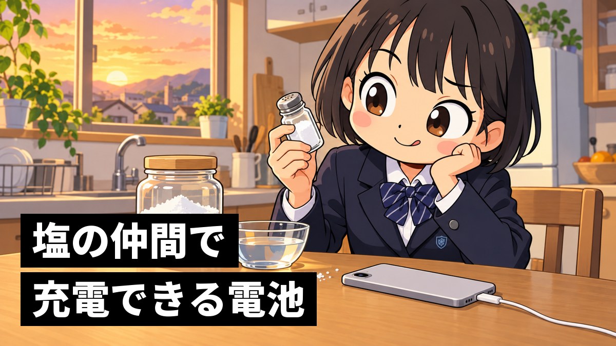 家の台所のテーブルで、食塩のびんと充電中のスマホを見比べて、首をかしげながら面白がる館山中の女子。「塩の仲間で充電できる電池」の文字。