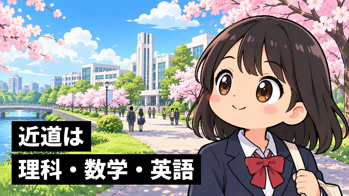 春の大学のオープンキャンパスで、桜の並木の向こうの白い校舎を見上げて、うれしそうにほほえむ高校生の女子。「近道は理科・数学・英語」の文字。