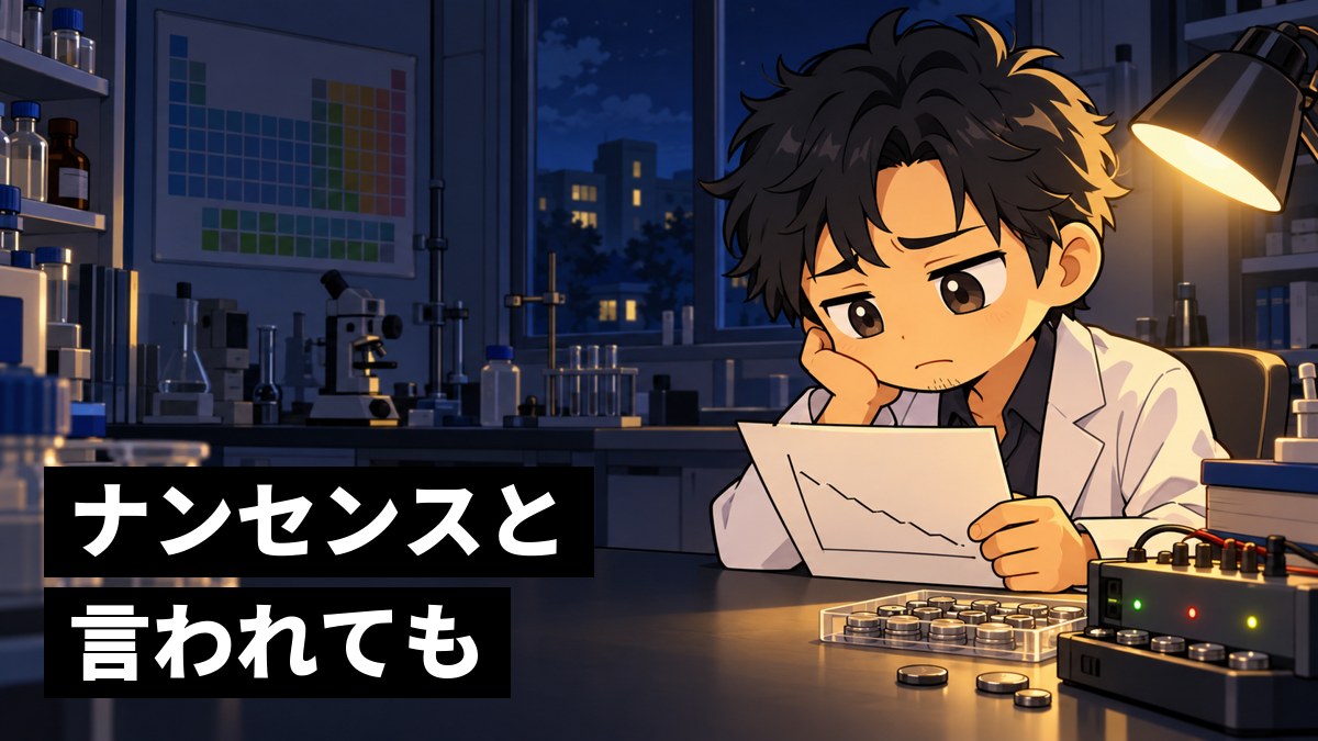 夜の化学の研究室で一人、うまくいかなかった電池の実験の結果の紙を手に、肩を落とす若い研究者の男性。「ナンセンスと言われても」の文字。
