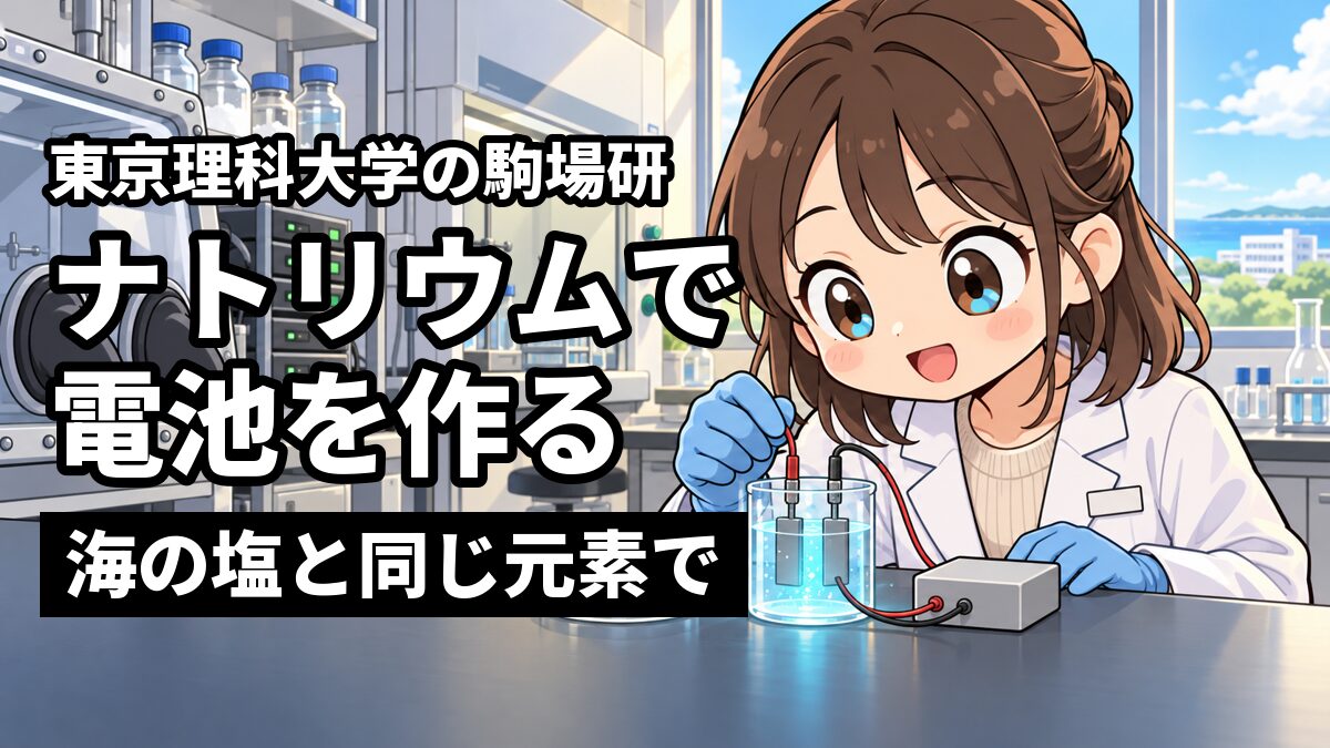化学の研究室で、青く光るガラスの実験の器具を見つめる、ハーフアップの茶色の髪に白衣を着た女子大学生。「東京理科大学の駒場研」「ナトリウムで電池を作る」「海の塩と同じ元素で」の文字。