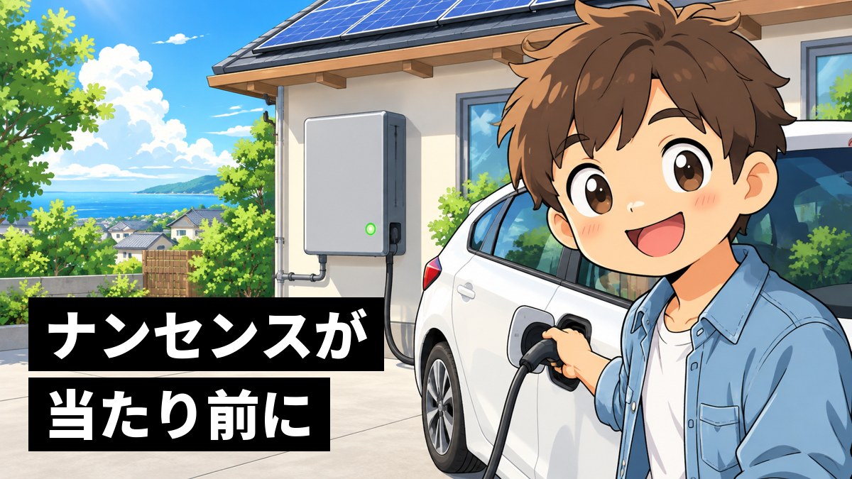 晴れた日の家のガレージで、壁の大きな蓄電池から電気自動車の充電が始まり、満面の笑顔で喜ぶ茶髪の男子大学生。「ナンセンスが当たり前に」の文字。