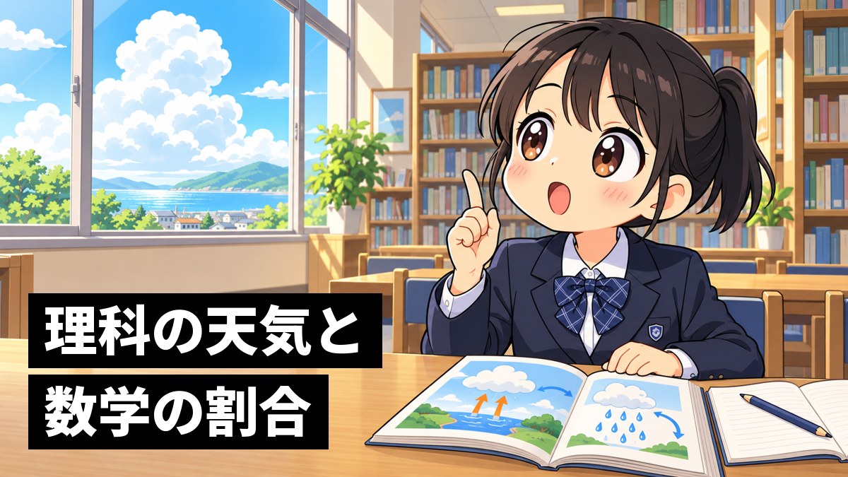学校の図書室で、雲のでき方の図が載った理科の本を広げ、ひらめいて目を輝かせる館山中の女子。「理科の天気と数学の割合」の文字。