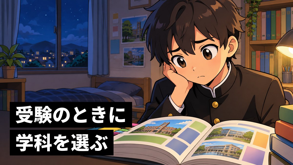 夜の自分の部屋の机で、大学案内の冊子を広げて、どの学科にするか迷って不安そうな顔をする学ランの男子高校生。「受験のときに学科を選ぶ」の文字。