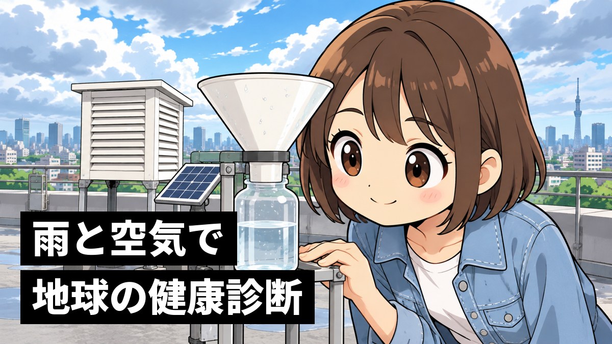 大学の研究棟の屋上で、雨を集めるじょうごのついた装置をのぞきこむ、茶髪のボブの女子大学生。「雨と空気で地球の健康診断」の文字。