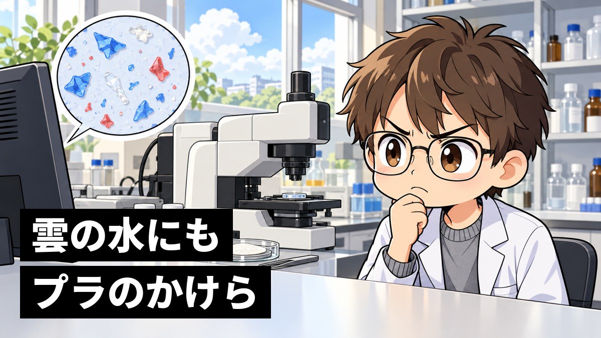大学の実験室で、顕微鏡のそばのモニターに映る色とりどりの小さなかけらを見て、眉をよせる眼鏡の男子大学生。「雲の水にもプラのかけら」の文字。