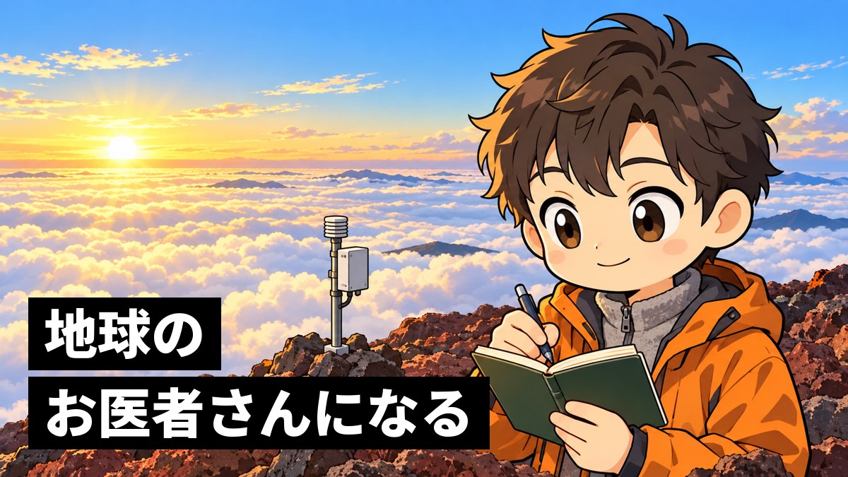 富士山頂で、雲海から昇る朝日を背に、観測ノートを書きながら穏やかにほほえむ、オレンジのウインドブレーカーの男子大学生。「地球のお医者さんになる」の文字。