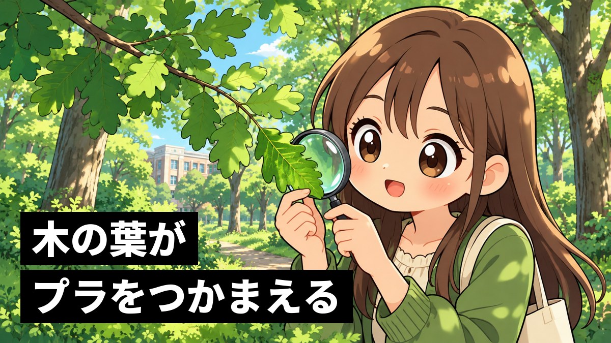 雑木林の中で、コナラの枝の葉を虫めがねでのぞき、うれしそうに目を輝かせる、長い茶髪の女子大学生。「木の葉がプラをつかまえる」の文字。