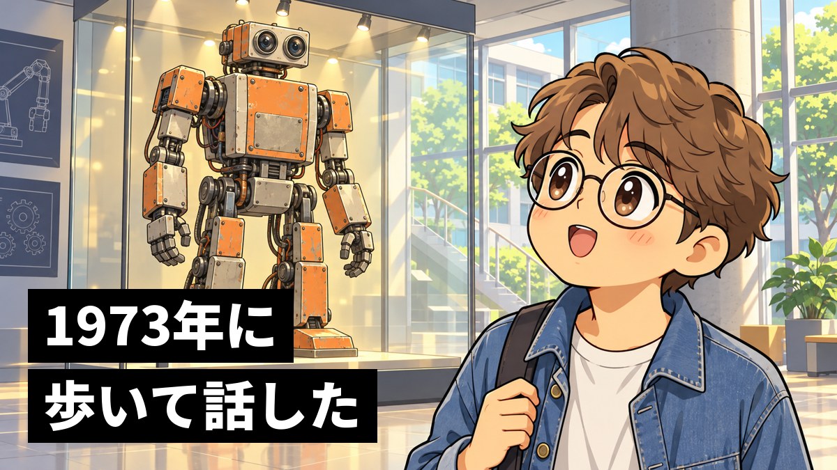 大学の建物の展示コーナーで、古い大きな人型ロボットをガラス越しに見上げ、目を輝かせる眼鏡の男子大学生。「1973年に歩いて話した」の文字。