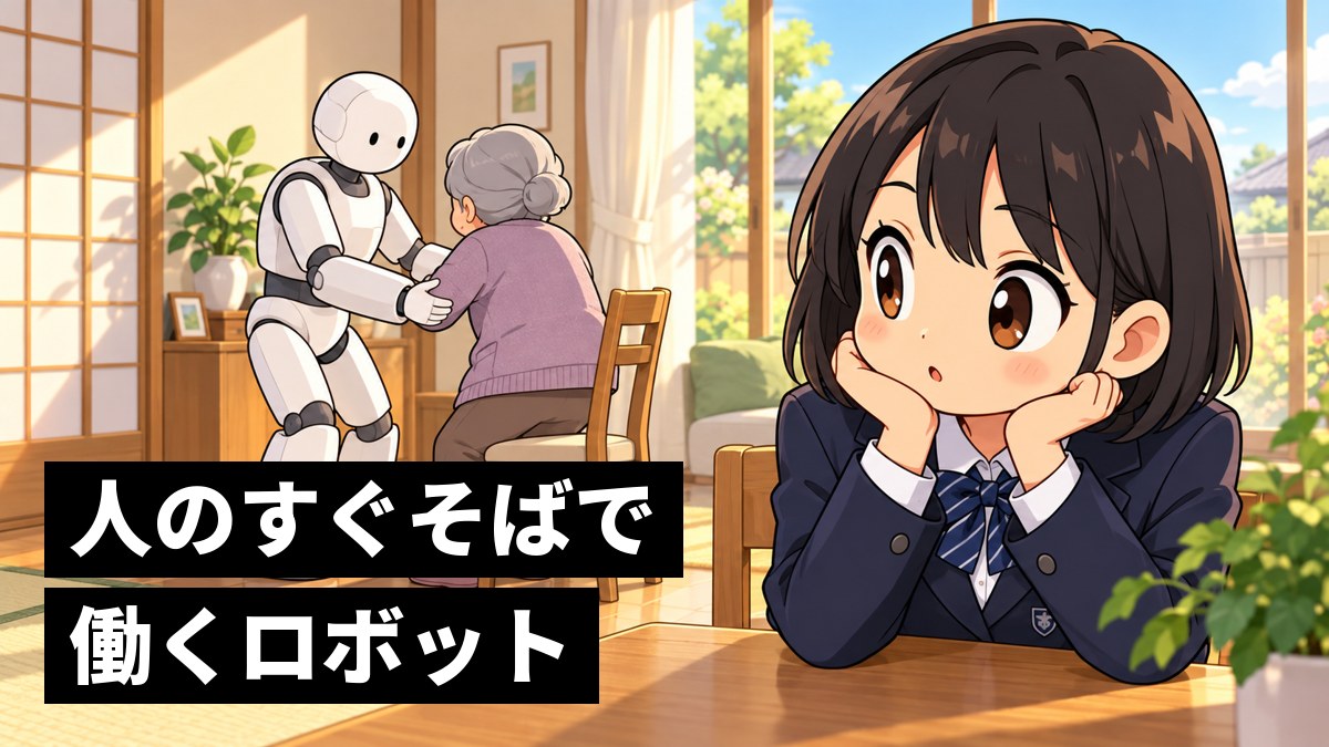 家の居間で、白い人型ロボットがいすから立ち上がるおばあさんの腕と背中をそっと支えるのを、テーブルにひじをついて夢中で見つめる館山中の女子。「人のすぐそばで働くロボット」の文字。