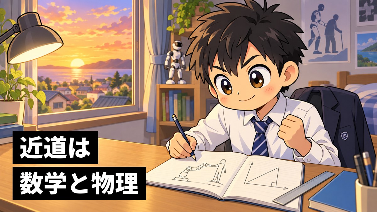 夕方の自分の部屋の机で、人を支えるロボットの腕と力の矢印の図をノートに描きながら、分かってきてワクワクする館山中の男子。「近道は数学と物理」の文字。