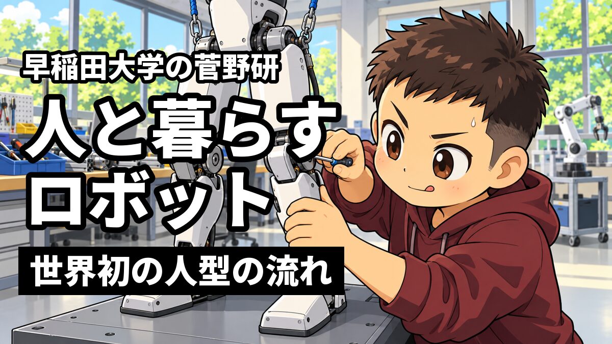 大学のロボット研究室で、二足歩行ロボットのひざの関節を小さな工具で調整する、刈り上げでえんじ色のパーカーの男子大学生。「早稲田大学の菅野研」「人と暮らすロボット」「世界初の人型の流れ」の文字。
