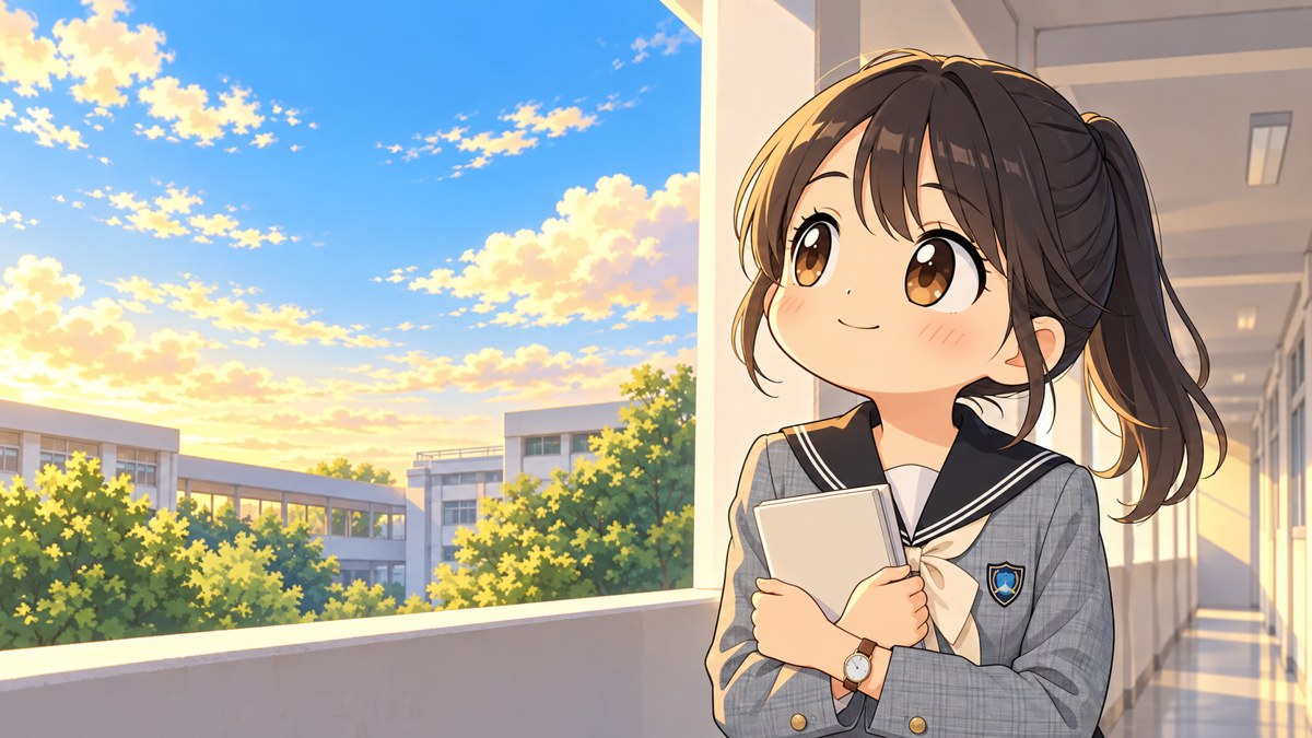 夕方の高校の渡り廊下で、窓の外の空を見上げて小さくほほえむ翔凜高の女子。