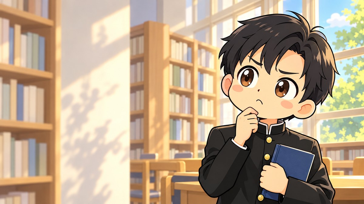 学校の図書室で、SF小説を胸の前に持ったまま、腕を組みかけて首をかしげ、眉を寄せる安房高の男子。