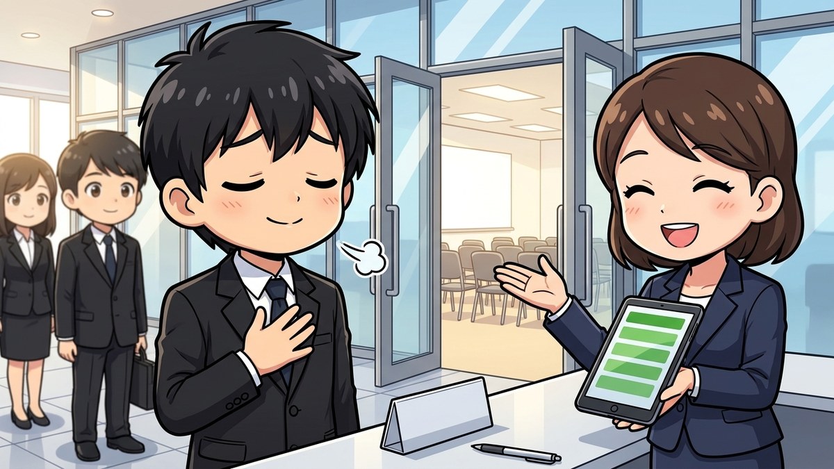 説明会の受付で確認を受け、通してもらってほっとする就活生のイラスト