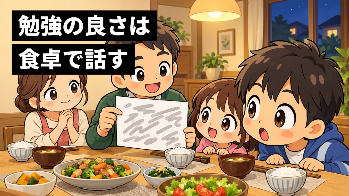 夜の晩ごはんの食卓で、父親が自分で作った教材のプリントを見せ、小学生の子どもたちが目を丸くしてのぞきこんでいるイラスト。「勉強の良さは食卓で話す」の文字。