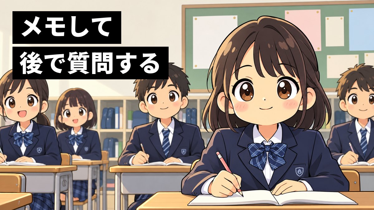 中学校の教室で、制服の女子中学生が顔を上げて先生を見つめながら、ノートの端に小さく疑問をメモしているイラスト。後ろの男子も前を向いてうなずいている。「メモして後で質問する」の文字。