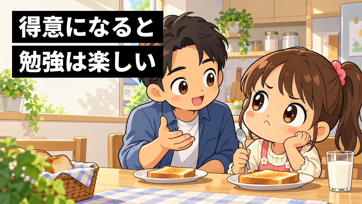 朝ごはんの食卓で、父親が小学1年生の娘に家で勉強する大切さを話し、娘が口をとがらせて考えこんでいるイラスト。「得意になると勉強は楽しい」の文字。