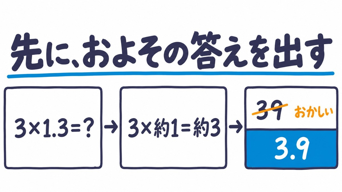 小数点のつけ忘れを防ぐ手順の手描き図解。3×1.3は、3×約1=約3と先に見積もると、39はおかしいと気づき、3.9が正しいと分かる。見出しは「先に、およその答えを出す」。