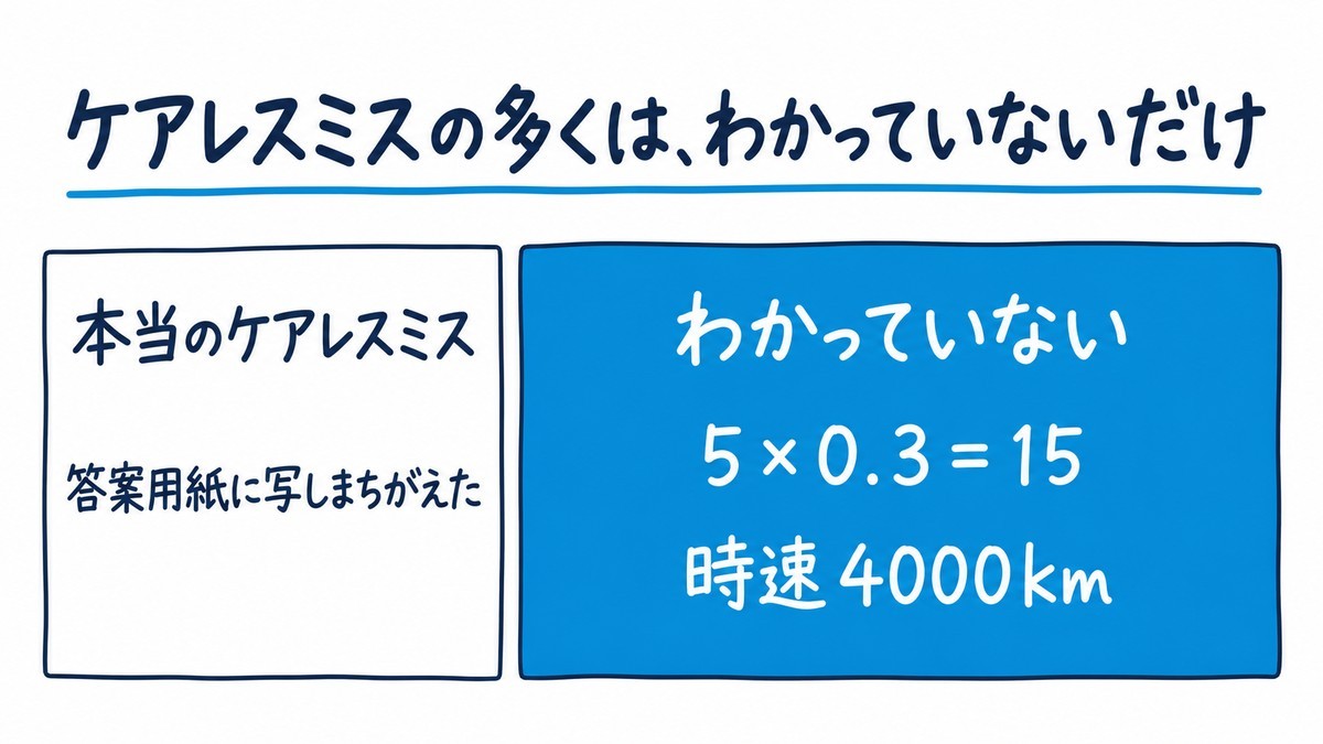 ケアレスミスの中身を比べた手描きの図解。本当のケアレスミス(答案用紙に写しまちがえた)は小さく、わかっていないミス(5×0.3=15、時速4000km)が大きい。見出しは「ケアレスミスの多くは、わかっていないだけ」。