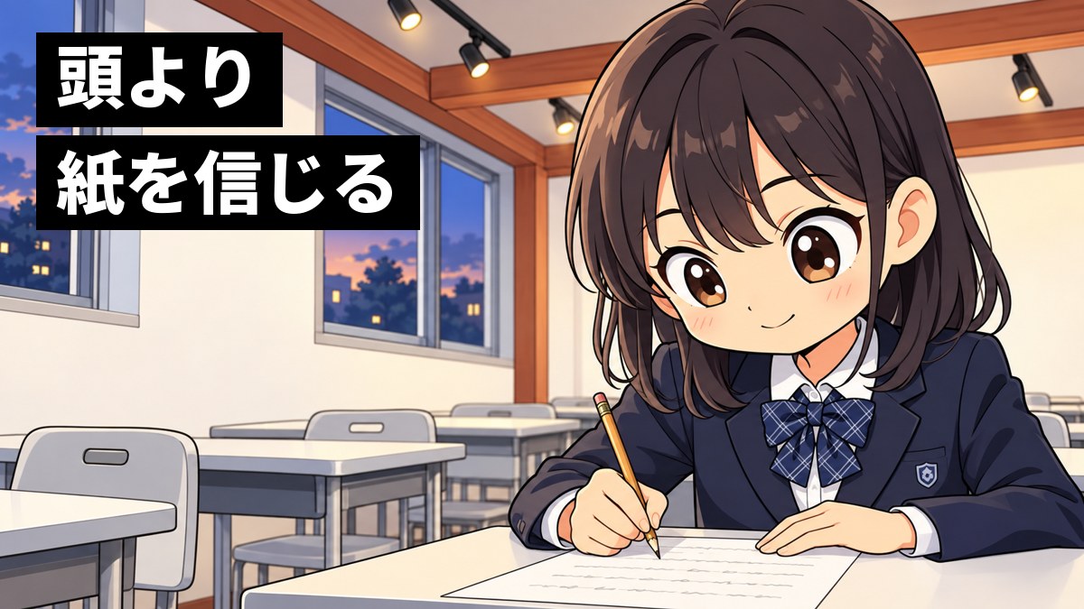 塾の教室で、女子中学生が計算用紙に途中式を上から下へ1行ずつ書きながら、夢中になって問題を解いているイラスト。「頭より紙を信じる」の文字。