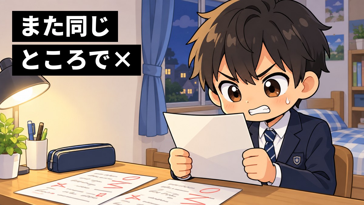 自分の部屋の机で、返ってきた数学のテストを両手で持った男子中学生が、前と同じところで間違えたことに気づいて悔しそうに歯を食いしばっているイラスト。「また同じところで×」の文字。