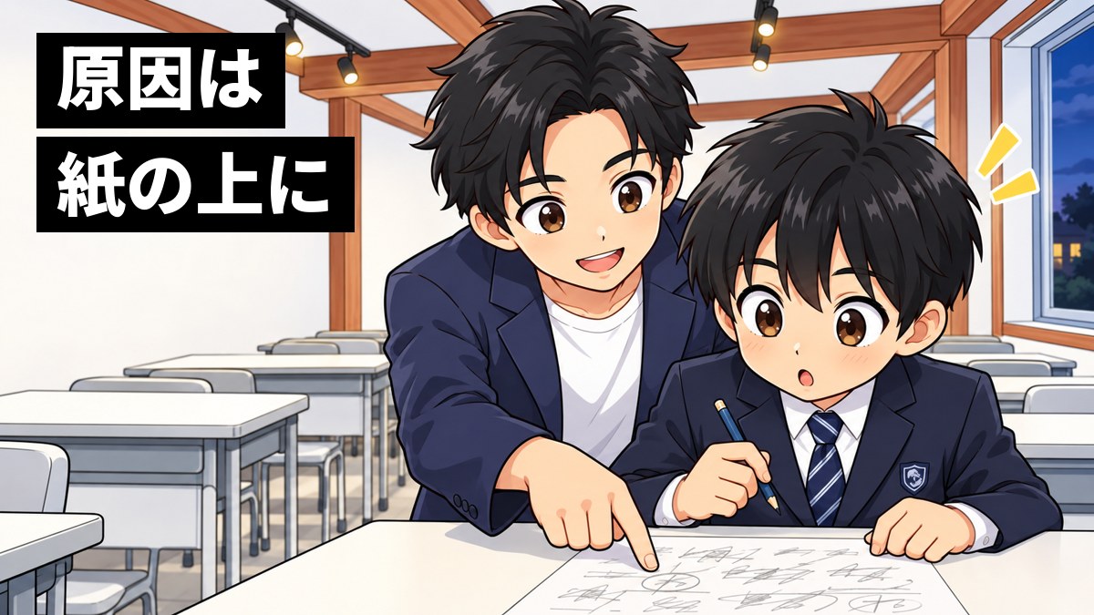 塾の教室で、塾長が中学生の男子と一緒にテストの問題用紙の書き込みを指さしながら見直し、男子がどこで間違えたかに気づいて目を見開いているイラスト。「原因は紙の上に」の文字。