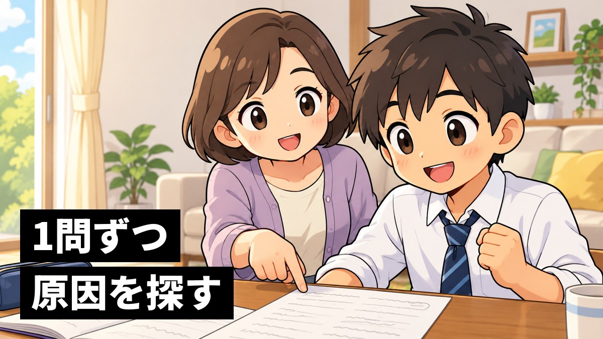 家のリビングのテーブルで、男子中学生と母親が返ってきたテストを並べてミスの原因を話し合い、原因が分かってほっとした笑顔になっているイラスト。「1問ずつ原因を探す」の文字。