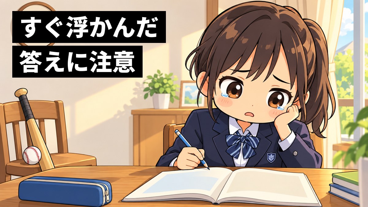 家のダイニングで、女子中学生がすぐ思いついた答えを書いたあとで違っていたと分かり、しょんぼり肩を落としているイラスト。「すぐ浮かんだ答えに注意」の文字。