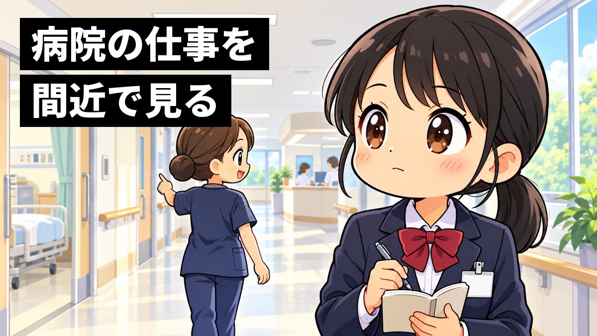 明るい病院の廊下で、高校の制服の女子生徒が、前を歩く看護師の後ろについて、緊張しながらも目を輝かせてメモを取っている。「病院の仕事を 間近で見る」の文字