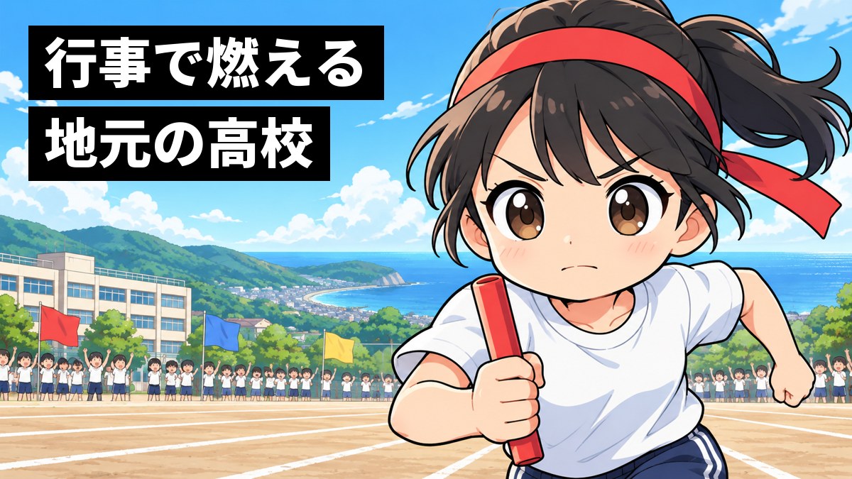 海と緑の山が見える高校のグラウンドで、体操服にはちまきをした高校生の女子が、クラス対抗リレーのバトンを握って目を輝かせて走っている。後ろではクラスメイトが応援している。「行事で燃える 地元の高校」の文字