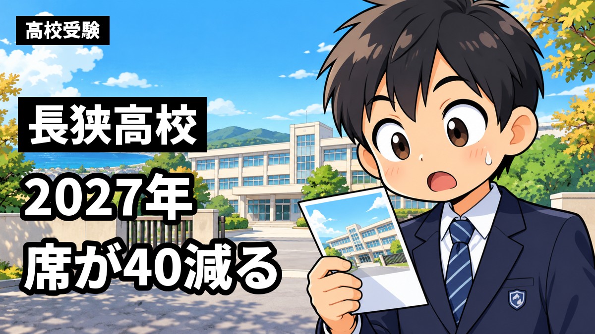 海と山の見える高校の前で、中学3年生の男子が学校案内を手に、目を見開いてはっとしている。「長狭高校」「2027年 席が40減る」の文字
