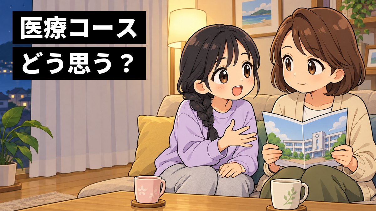 夜のリビングのソファで、学校案内を手にした母親に、部屋着の中学3年生の女子が身を乗り出し、目を輝かせて医療コースの話をしている。「医療コース どう思う?」の文字